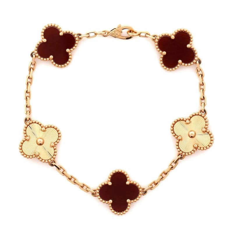Van Cleef & Arpels Vintage Alhambra 5 Motifs Bracelet Guilloche 18K Rose Gold: Condition: Pre-owned - Good,Brand: Van Cleef & Arpels,Main Stone: Carnelian,Metal: 18K Rose Gold,Metal Purity: 18K,Style: Bracelet,Type: Bracelet,Color: Rose Gold,Material: 18K Rose Gold, Carnelian