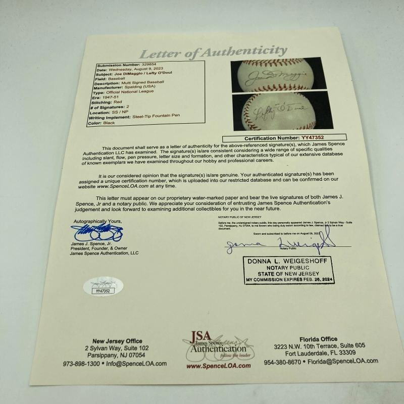 Joe Dimaggio & Lefty O'Doul Signed 1940's National League Baseball JSA COA - 5