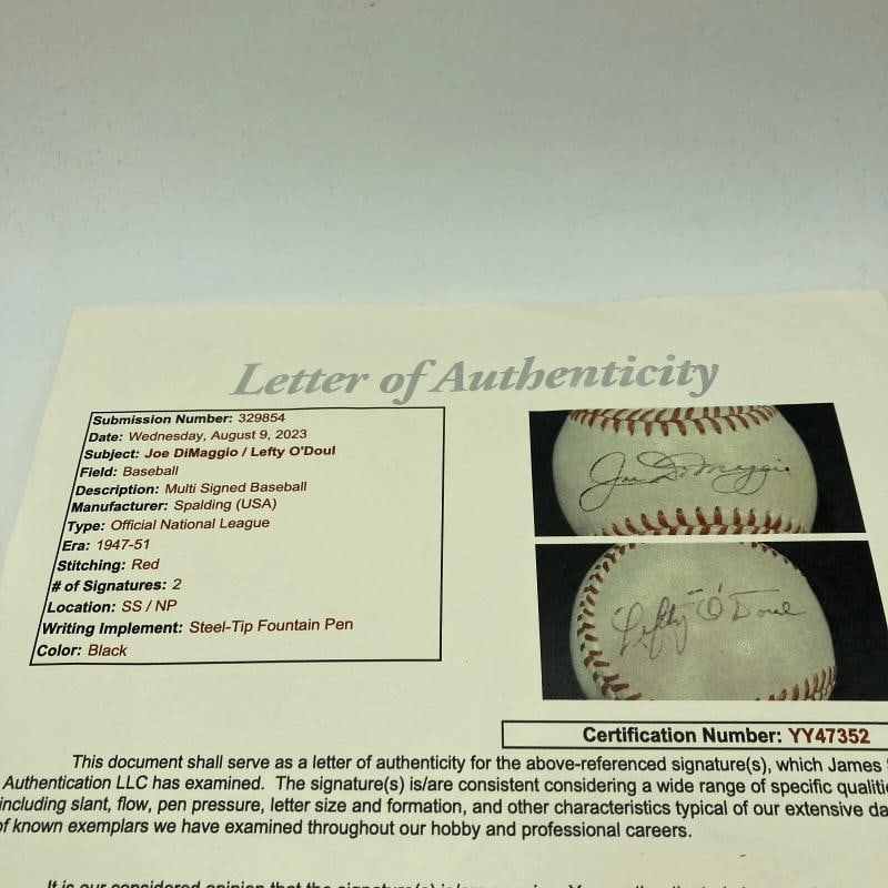 Joe Dimaggio & Lefty O'Doul Signed 1940's National League Baseball JSA COA - 6