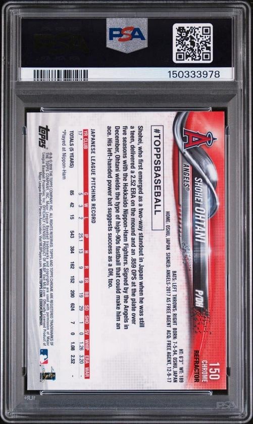 SHOHEI OHTANI Signed 2018 TOPPS CHROME PITCHING-REFRACTOR #150 ROOKIE RC PSA 9 - 3