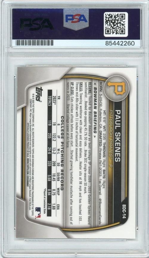 Paul Skenes Autographed Signed 2023 Bowman Draft 1st Chrome Auto PSA/DNA - 2