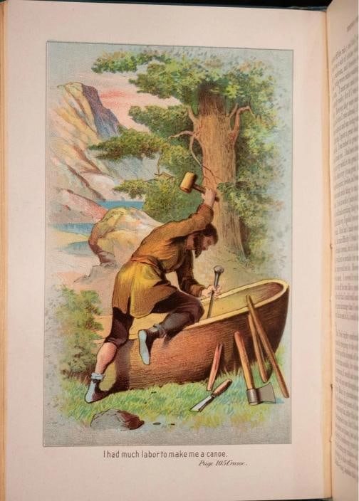1880 Robinson Crusoe by Daniel Defoe Fine Binding Illustrated Color Plates Rare - 19