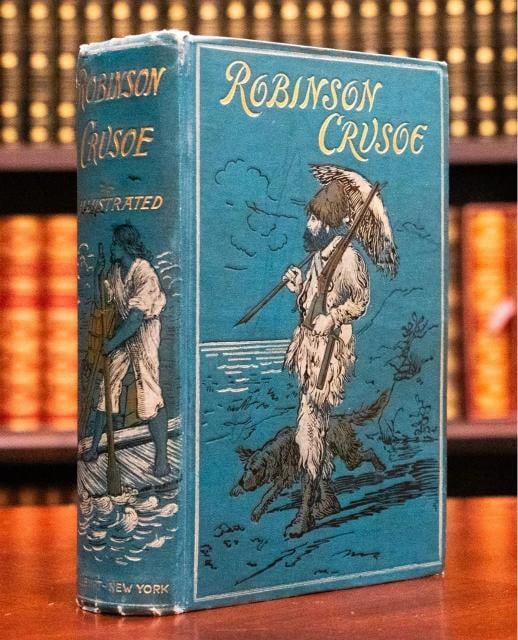 1880 Robinson Crusoe by Daniel Defoe Fine Binding Illustrated Color Plates Rare - 2