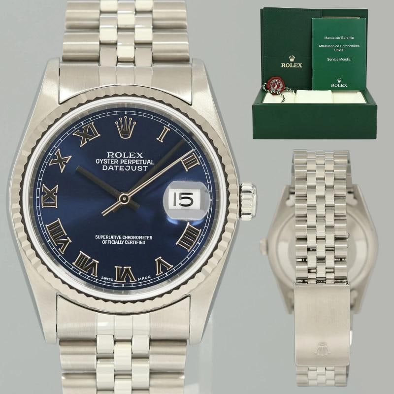 MINT Rolex DateJust 16234 Blue Roman Jubilee White Gold Fluted Watch Box: Condition: Pre-owned - Excellent,Bezel Type: Fluted,Brand: Rolex,Department: Unisex Adults,Type: Wristwatch,Customized: No,Model: DateJust,With Original Box/Packaging: Yes,With Papers: No,Reference