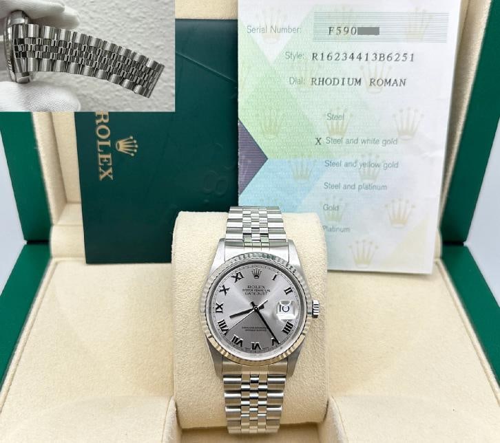 2005 Rolex Datejust 16234 36mm Rhodium Roman Dial 18K Gold Bezel Steel Box Paper: Condition: Pre-owned - Excellent,Bezel Color: Silver,Indices: Roman Numerals,Year Manufactured: 2000-2009,Band/Strap: Rolex Jubilee,Case Color: Silver,Department: Men,Bezel Type: Fluted,Watch Shape: