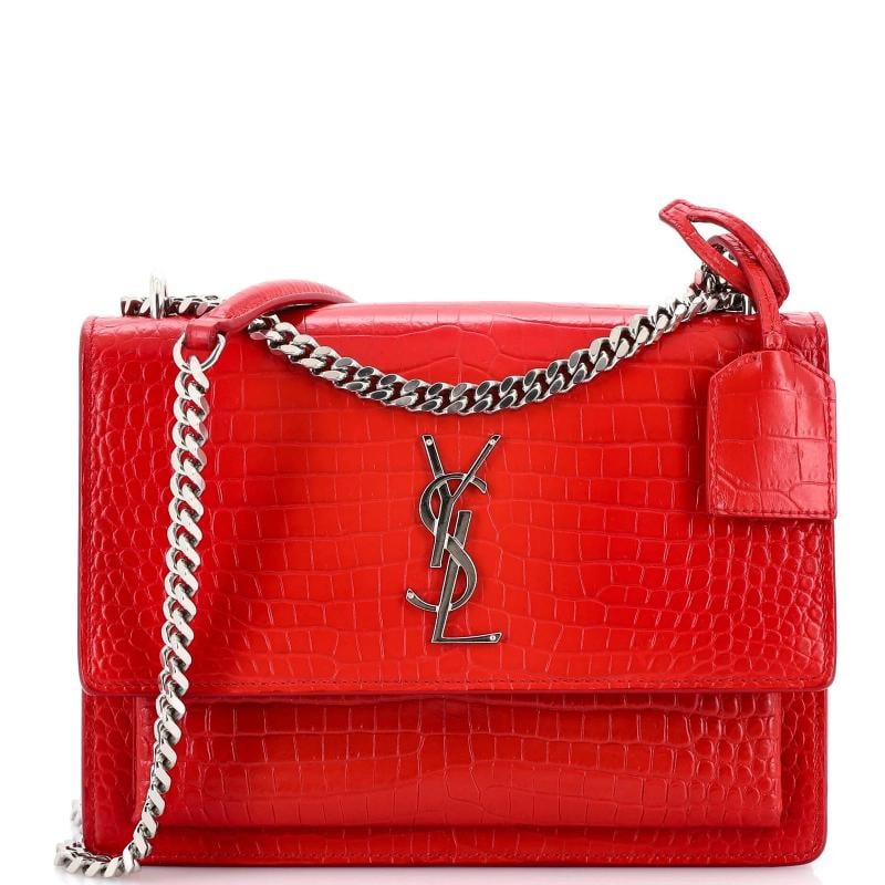 Saint Laurent Sunset Crossbody Bag Crocodile Embossed Leather Medium: Condition: Pre-owned - Good,Brand: Saint Laurent,Exterior Material: Leather,Style: Cross Body Bags,Exterior Color: Red,Department: Women,Size: Medium,Accessories: Clochette
