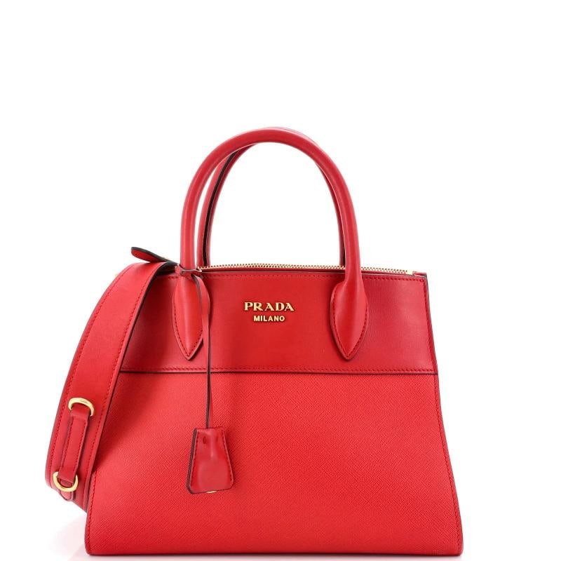 Prada Paradigme Tote Saffiano with City Calf Small: Condition: Pre-owned - Good,Brand: Prada,Exterior Material: Leather,Style: Top Handle,Exterior Color: Red,Department: Women,Size: Small,Accessories: Clochette, With Strap