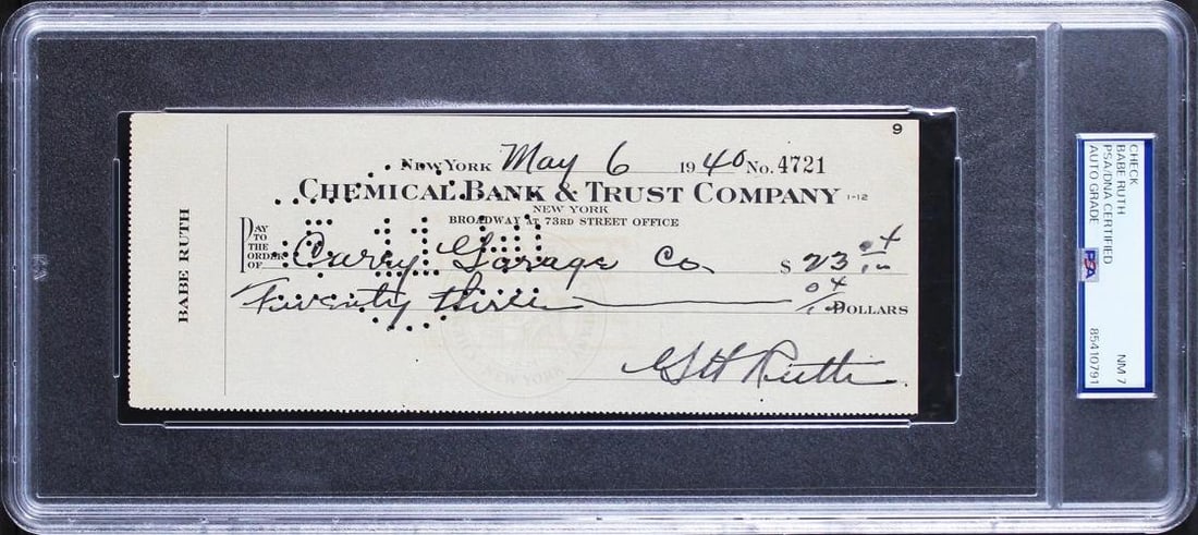 Yankees Babe Ruth Signed 3x8.25 Check Dated May 6, 1940 Auto NM-7 PSA/DNA Slab: Product: Not Available,Player: Babe Ruth,Original/Reprint: Original,Autograph Authentication: PSA,Team: New York Yankees,PRODUCT_COA: PSA,PRODUCT_SIGNED_BY_NAME: Babe Ruth,PRODUCT_SIGNED_BY_BRAND: