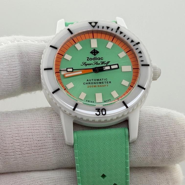 Zodiac Super Sea Wolf ZO9592 41mm Green Dial White Ceramic Box Booklet - 12