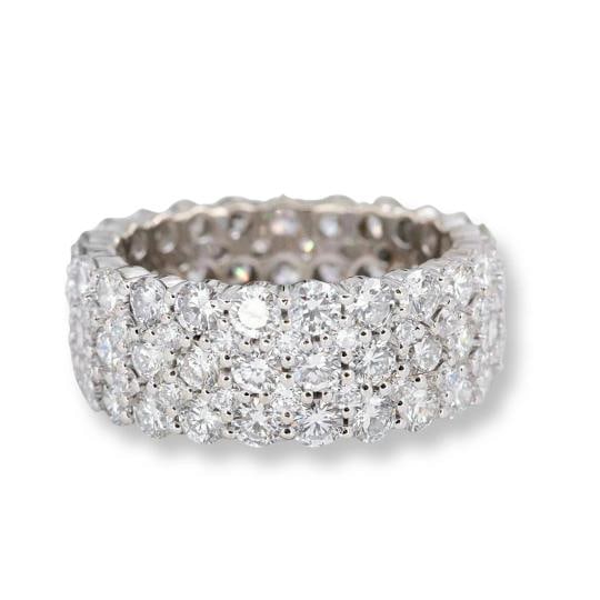 Gorgeous Five Row Round Diamond 18K Eternity Band Ring Size 6.5: Condition: Pre-owned - Good,Main Stone Creation: Natural,Color: White,Sizable: No,Main Stone Color: White,Metal: White Gold,Gender: Women's,Total Carat Weight: 5.00 - 9.99,Modified Item: No,Main