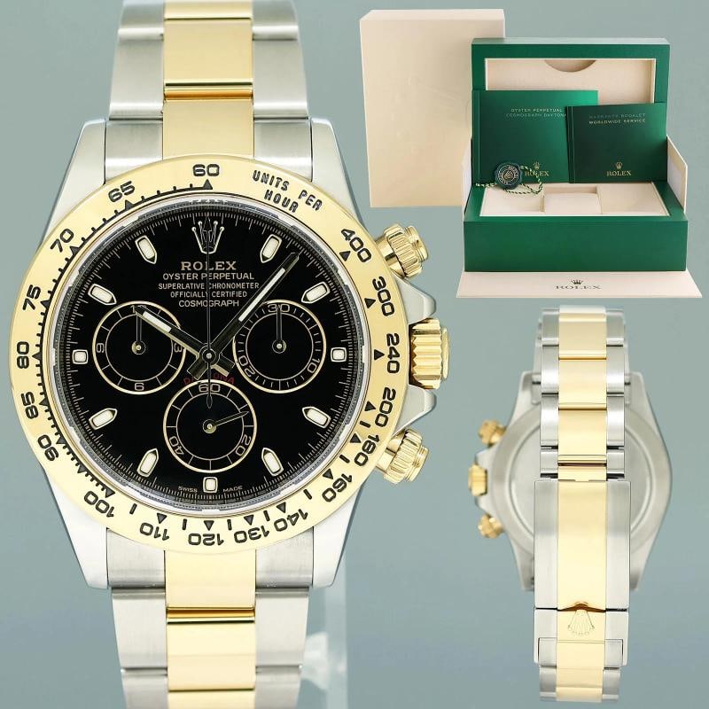 2022 MINT Rolex Daytona 116503 Black 40mm Two Tone 18k Yellow Gold Watch Box: Case & Dial Case Material: Rolex Two-Tone Yellow Gold & Stainless Steel Case Size: 40mm Bezel: Rolex Yellow Gold Crystal: Rolex Sapphire Dial: Rolex Black Movement & Bracelet Movement: Rolex Automatic