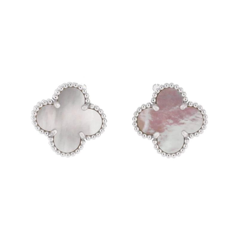 Van Cleef & Arpels Vintage Alhambra Earrings 18K White Gold and Mother of Pearl: Measurements: Height/Length: 15.05 mm, Width: 15.15 mm . Condition: Pre-owned - Good,Brand: Van Cleef & Arpels,Main Stone: Unknown,Metal: 18K White Gold,Metal Purity: 18K,Style: Earrings,Type: