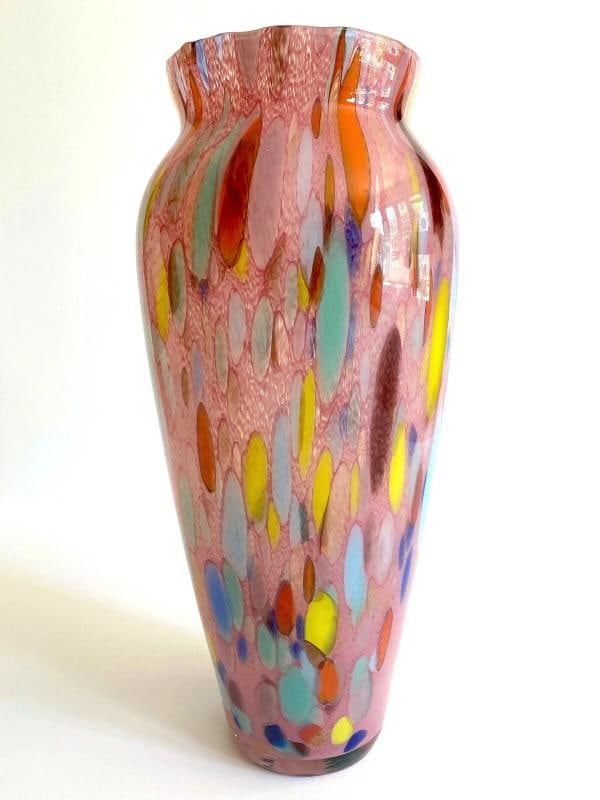 VTG 1980'S POST MODERN ABSTRACT HAND BLOWN ART GLASS MULTICOLOR TALL FLOWER VASE - 10