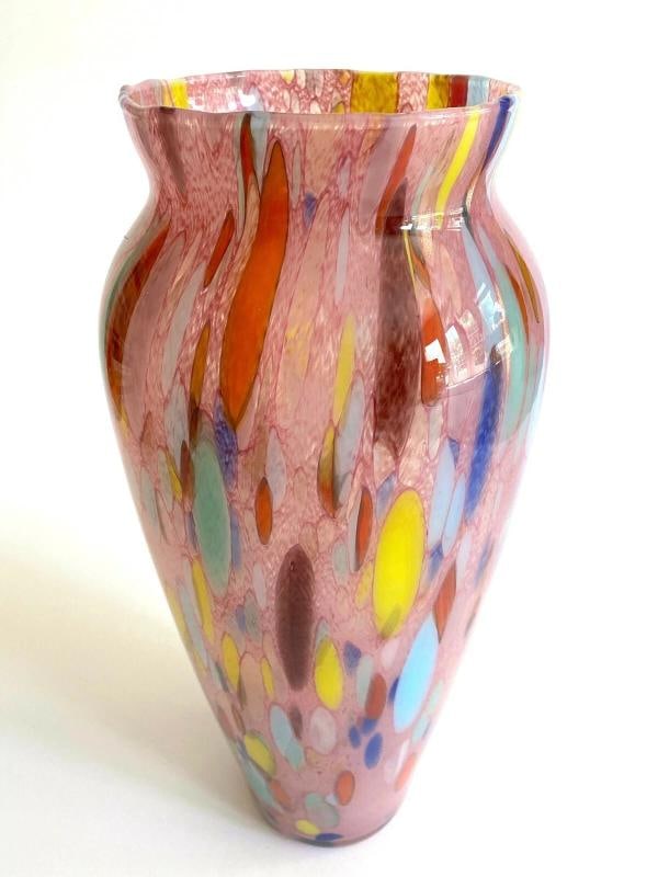 VTG 1980'S POST MODERN ABSTRACT HAND BLOWN ART GLASS MULTICOLOR TALL FLOWER VASE - 11