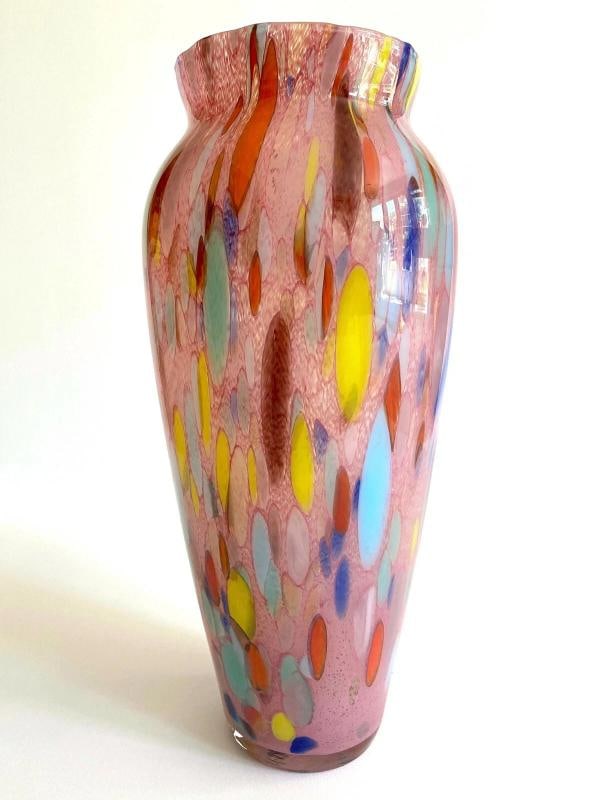 VTG 1980'S POST MODERN ABSTRACT HAND BLOWN ART GLASS MULTICOLOR TALL FLOWER VASE - 12