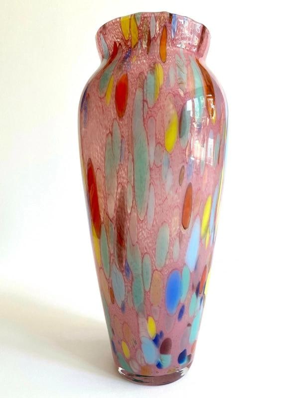 VTG 1980'S POST MODERN ABSTRACT HAND BLOWN ART GLASS MULTICOLOR TALL FLOWER VASE: Condition: Used,Handmade: Yes,Pattern: Abstract,Time Period Manufactured: 1980-1989,Production Technique: Hand Blown Glass,Subject: Abstract Art,Vintage: Yes,Brand: Unmarked,Style: