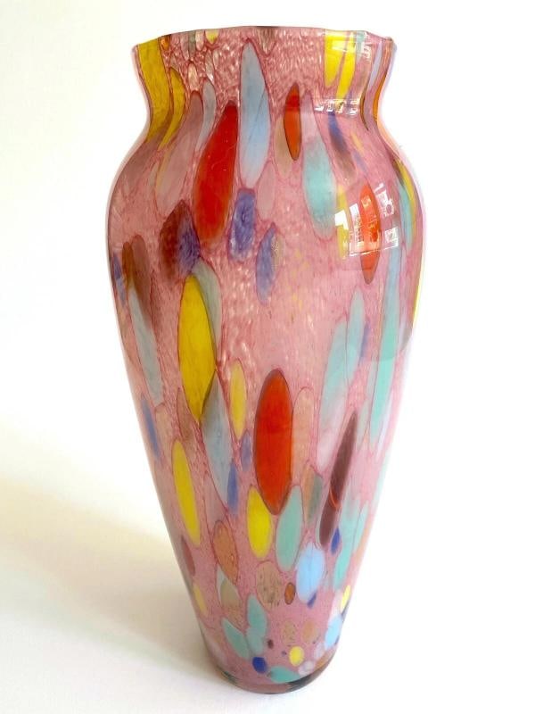 VTG 1980'S POST MODERN ABSTRACT HAND BLOWN ART GLASS MULTICOLOR TALL FLOWER VASE - 2