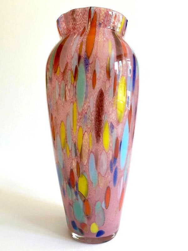 VTG 1980'S POST MODERN ABSTRACT HAND BLOWN ART GLASS MULTICOLOR TALL FLOWER VASE - 3