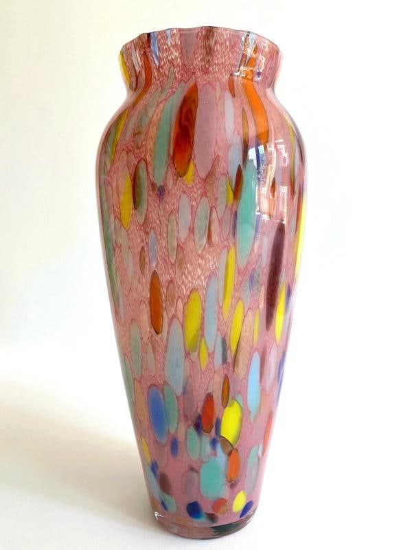 VTG 1980'S POST MODERN ABSTRACT HAND BLOWN ART GLASS MULTICOLOR TALL FLOWER VASE - 7