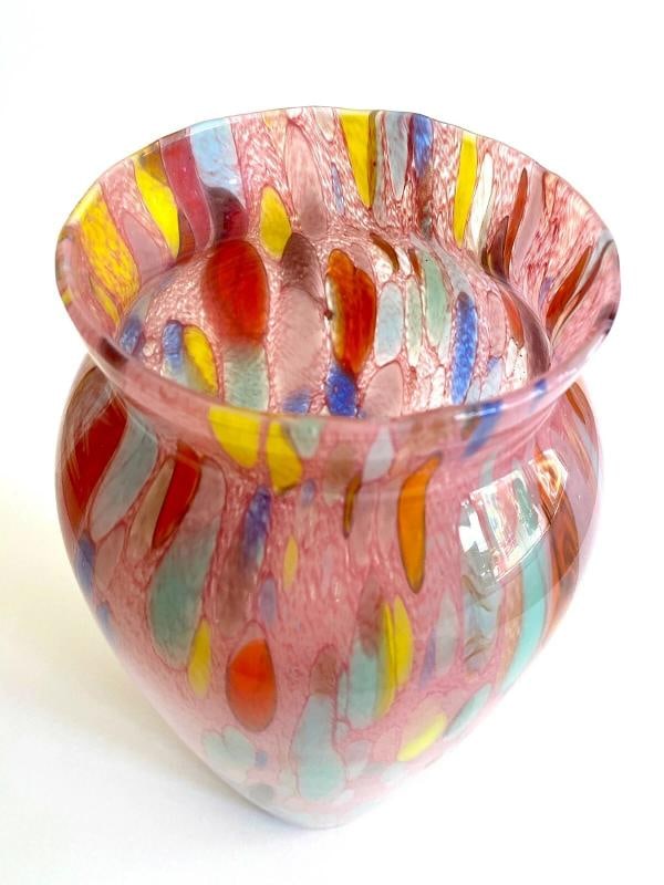 VTG 1980'S POST MODERN ABSTRACT HAND BLOWN ART GLASS MULTICOLOR TALL FLOWER VASE - 8
