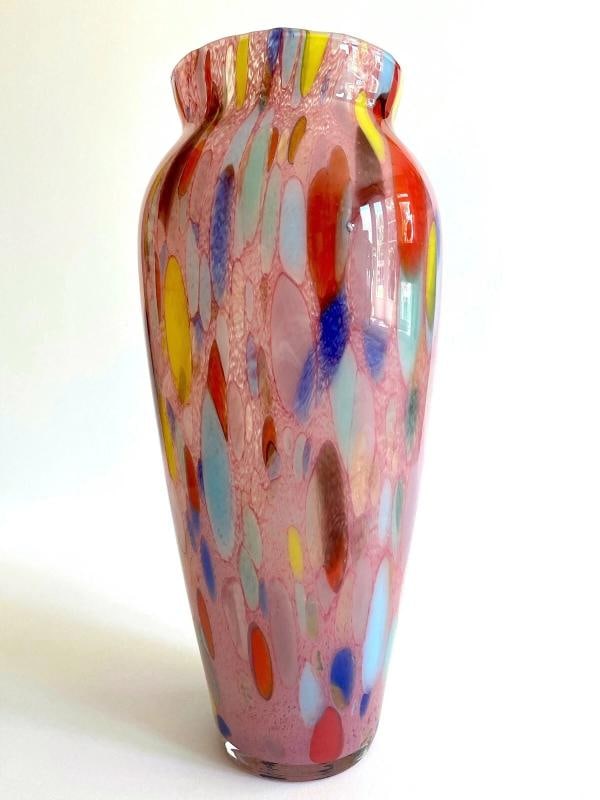 VTG 1980'S POST MODERN ABSTRACT HAND BLOWN ART GLASS MULTICOLOR TALL FLOWER VASE - 9