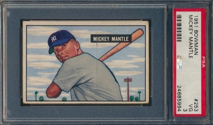 MICKEY MANTLE 1951 BOWMAN BASEBALL #253 ROOKIE CARD (PSA 3): Condition: Graded - PSA 3: Professionally graded ,League: Major League Baseball (MLB),Set: 1951 Bowman,Product: Single,Player/Athlete: Mickey Mantle,Grade: 3,Original/Licensed Reprint: