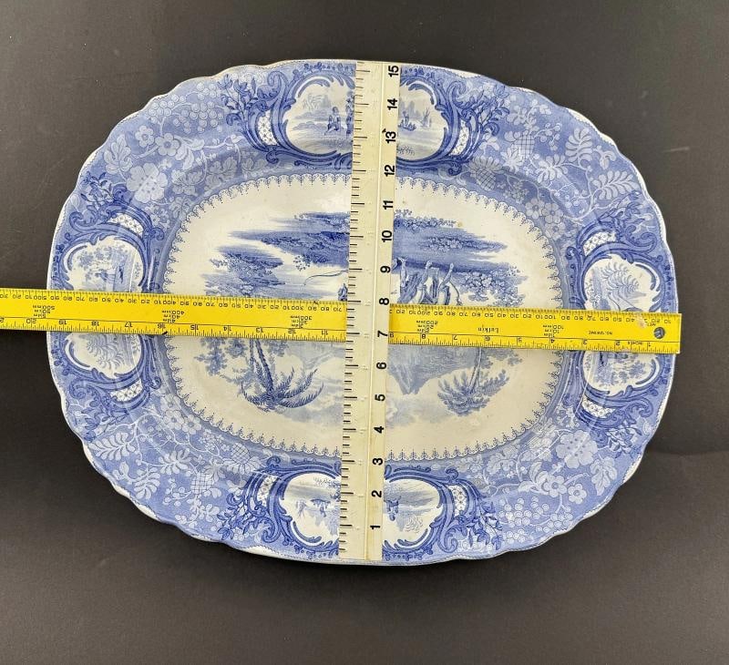 Huge c1840 English Staffordshire Peruvian Hunters Blue White Large Platter - 10