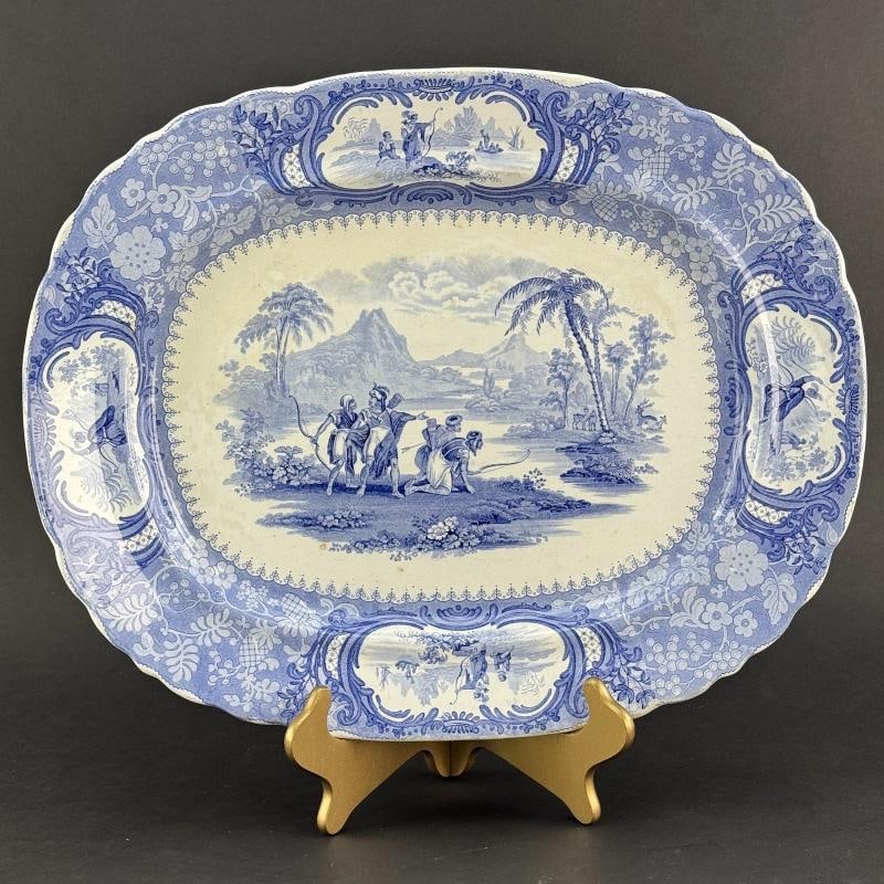 Huge c1840 English Staffordshire Peruvian Hunters Blue White Large Platter (1 of 10)