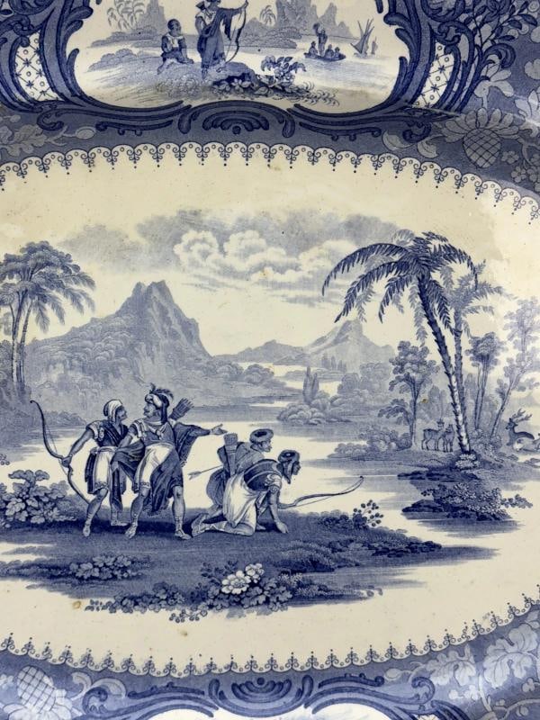 Huge c1840 English Staffordshire Peruvian Hunters Blue White Large Platter - 2