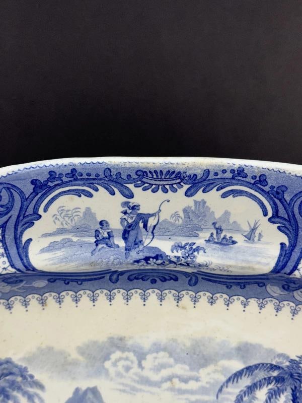 Huge c1840 English Staffordshire Peruvian Hunters Blue White Large Platter - 4