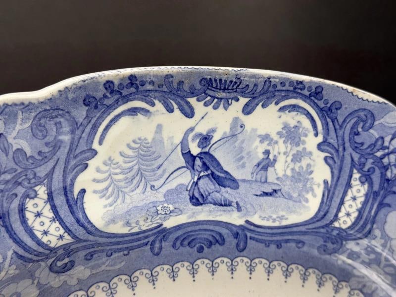 Huge c1840 English Staffordshire Peruvian Hunters Blue White Large Platter - 5