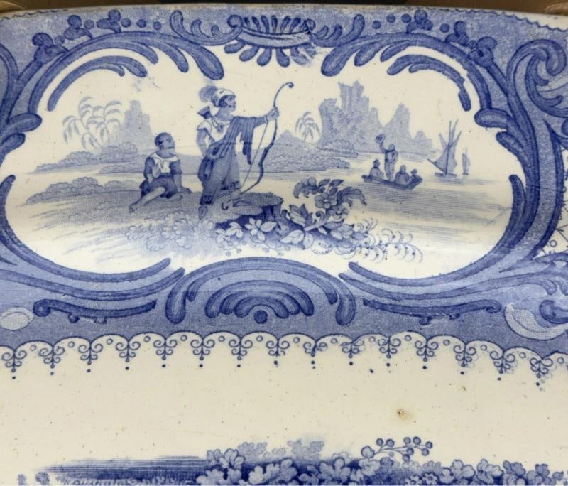Huge c1840 English Staffordshire Peruvian Hunters Blue White Large Platter - 6