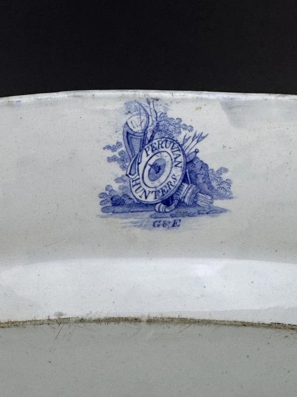 Huge c1840 English Staffordshire Peruvian Hunters Blue White Large Platter - 8