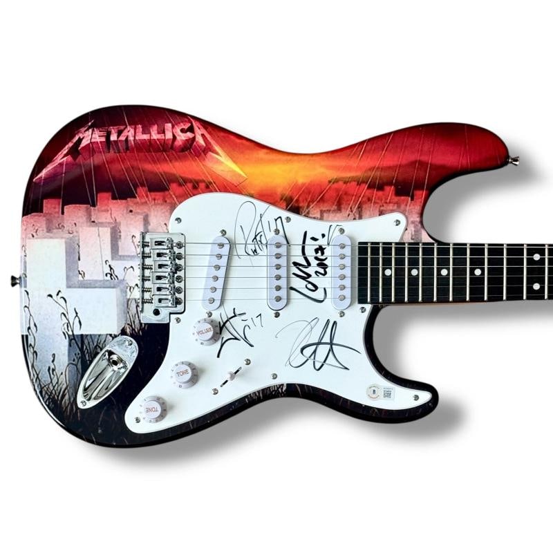 METALLICA: James Hetfield, Kirk Hammett, Robert Trujilo & Lars Ulrich Signed Guitar (Beckett LOA): Industry: Music,Signed: Yes,Autograph Authentication: Beckett,Object Type: Guitar & Guitar Pick,Original/Reproduction: Original,Country of Origin: United States