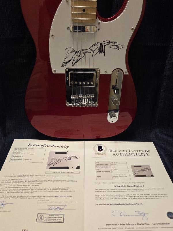 ZZ TOP: Dusty Hill, Billy Gibbons & Frank Beard Signed Guitar (Beckett LOA + JSA LOA): Object Type: Guitar & Guitar Pick,Industry: Music,Original/Reproduction: Original,Autograph Authentication: Beckett,Signed: Yes,Country of Origin: United States