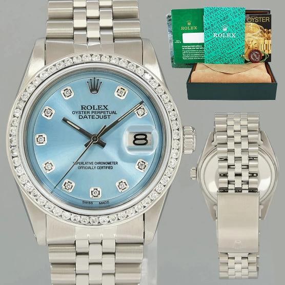 Rolex DateJust 1601 Glacier Blue Diamond White Gold Jubilee Band 36mm Watch Box: Case & Dial Case Size: 36mm Bezel: Custom White Gold Diamond Crystal: Rolex Sapphire Dial: Custom Glacier Blue Diamond Movement & Bracelet Movement: Rolex Automatic Bracelet Design: Rolex Jubilee