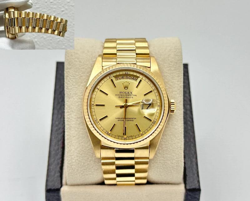 Rolex Day Date President 18038 36mm Champagne Dial 18K Yellow Gold: Style Number: 18038 Serial: 6606*** Year: 1981 Model: Rolex Day-Date President Case Material: 18K Yellow Gold Band: 18K Yellow Gold Bezel: 18K Yellow Gold Dial: Champagne Crystal: Sapphire Case Size: 