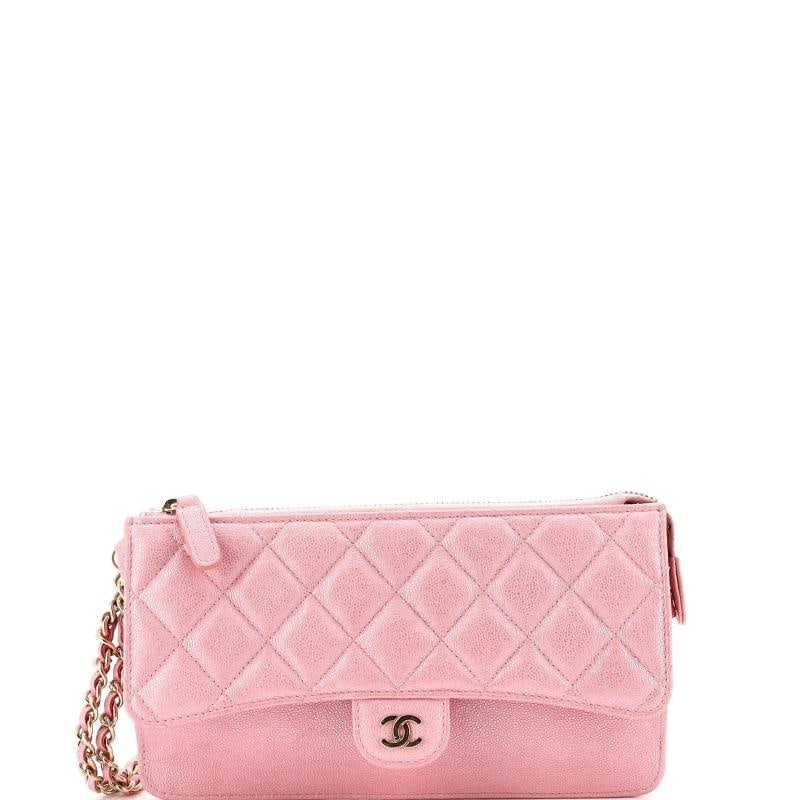 Chanel Classic Flap Zip Wristlet Pouch Quilted Iridescent Caviar: Condition: Pre-owned - Good,Brand: Chanel,Exterior Material: Leather,Style: Quilted Iridescent Caviar,Exterior Color: Pink,Department: Women,Size: Unknown,Accessories: Authenticity Card, Dust Bag