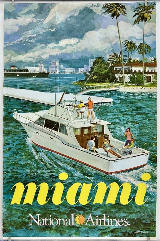 Original Vintage Poster MIAMI NATIONAL AIRLINES Airline Travel South Beach: Condition: Used,Type: Poster,Country of Origin: United States Condition: Good * (top, left, and right margins have been somewhat unevenly trimmed off; edge tears up to 3" repaired with scotch tape on 