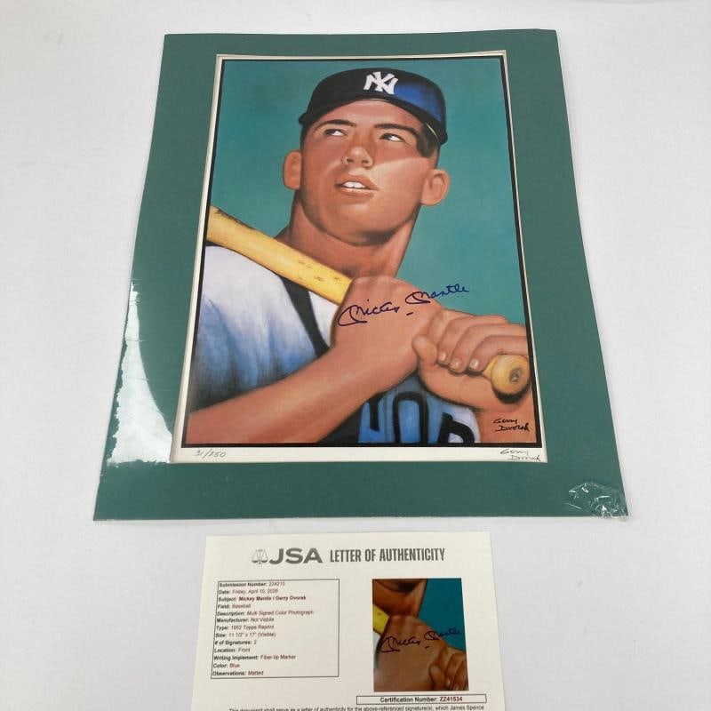 Mickey Mantle Signed 1952 Topps Gerry Dvorak 11x17 Print Photo JSA COA: Sport: Baseball,Player: Mickey Mantle,Signed: Yes,Original/Reprint: Original,Autograph Authentication: James Spence Authentication (JSA),Product: Photo,Country of Origin: United States
