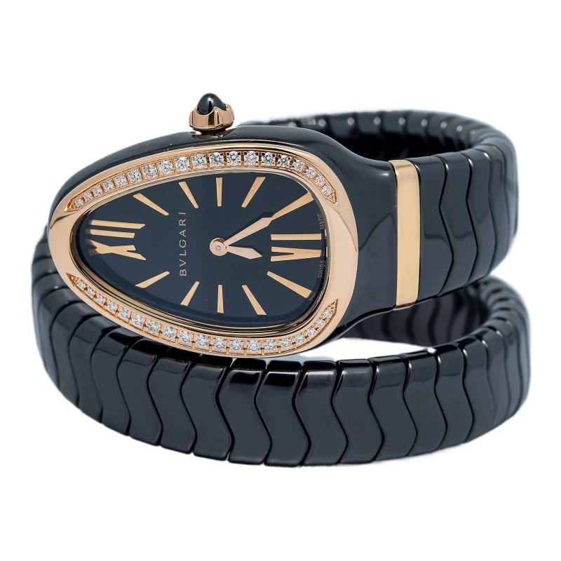 Bvlgari Serpenti SPC35BG 18k RG Diamond Bezel Black Dial 2018 Card Women 23mm: Condition: Pre-owned - Good: This item has been gently used but is in good condition. It might have a few signs of wear, like light scratches or tarnishing. All imperfections should be shown and descr