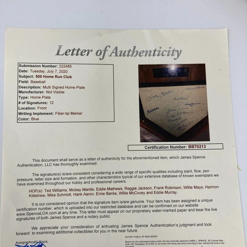 500 Home Run Signed Home Plate 12 Sigs Mickey Mantle Ted Williams JSA COA - 10