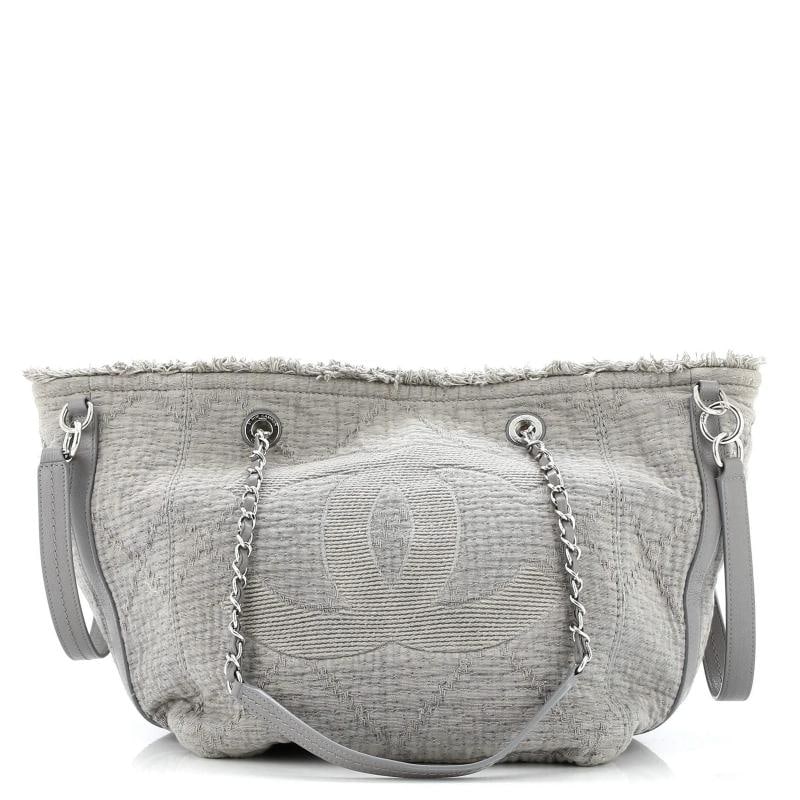 Chanel Double Face Deauville Tote Fringe Quilted Canvas Small: Condition: Pre-owned - Good,Brand: Chanel,Exterior Material: Canvas Plain,Style: Totes,Exterior Color: Gray,Department: Women,Size: Small Estimated Retail Price: $3,400 Condition: Good. Exterior: corn