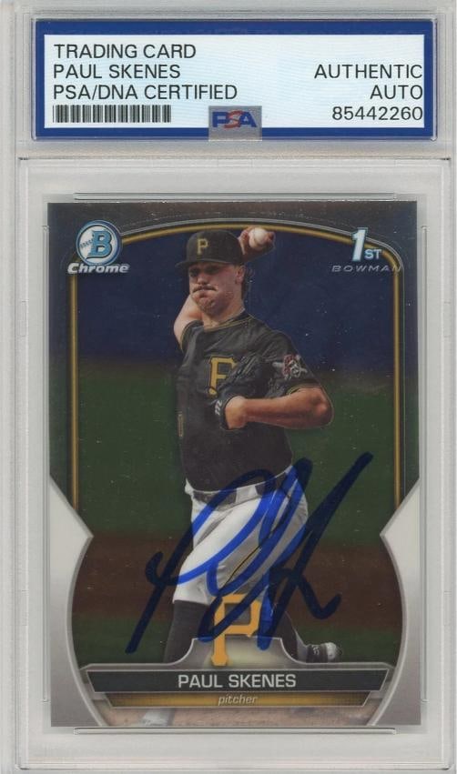 Paul Skenes Autographed Signed 2023 Bowman Draft 1st Chrome Auto PSA/DNA: Condition: Ungraded - Near mint or better: Not in original packaging or professionally graded ,Card Size: Standard,League: Major League (MLB),Autographed: Yes,Set: 2023 Bowman Draft,Signed By: Paul