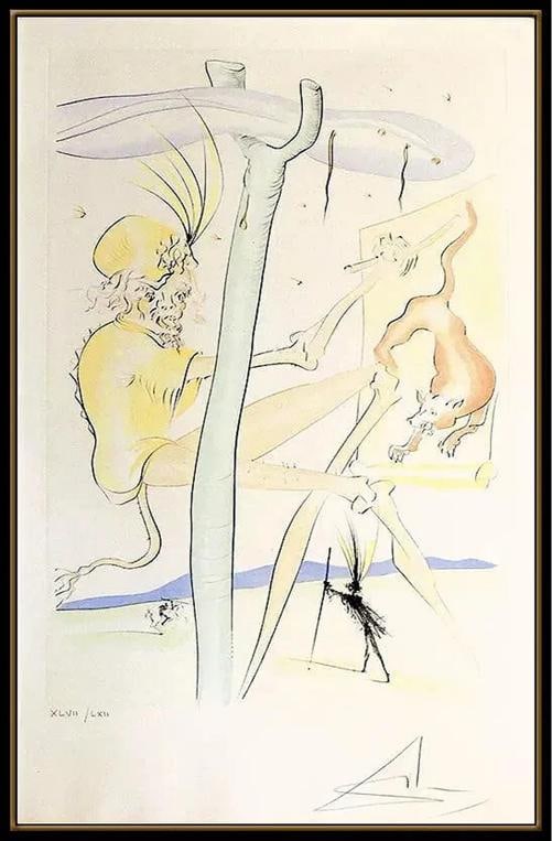 Salvador Dali Drypoint Pochoir Etching Hand Signed Monkey And The Elephant Art - 2