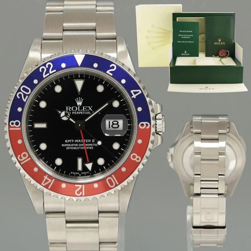 MINT 2000 Rolex GMT-Master II Pepsi Blue Red Steel 16710 Watch Black Watch Box (1 of 7)