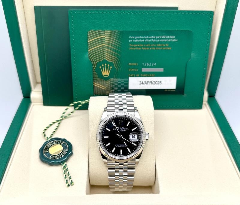 2025 Rolex Datejust 36 126234 Black Dial 18k Gold Bezel Steel Jubilee Box Paper: Condition: Pre-owned - Excellent,Bezel Color: Silver,Year Manufactured: 2025,Band/Strap: Rolex Jubilee,Case Color: Silver,Department: Men,Bezel Type: Fluted,Manufacturer Warranty: 4 Years,Watch Shape: