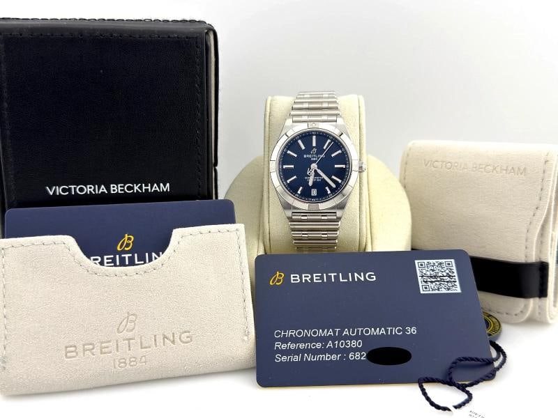 Breitling Chronomat 36 A10380 36mm Victoria Beckham Blue Dial Steel Box Paper - 11