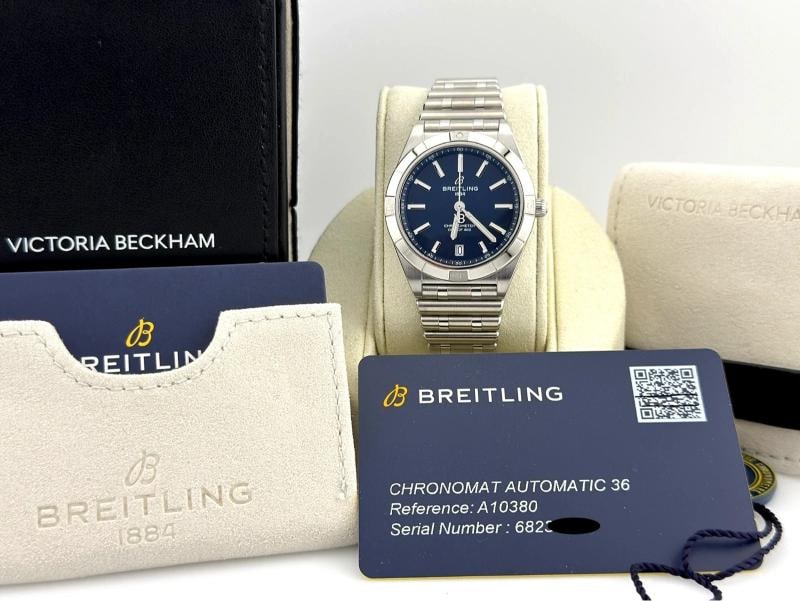 Breitling Chronomat 36 A10380 36mm Victoria Beckham Blue Dial Steel Box Paper: Condition: Pre-owned - Excellent,Bezel Color: Silver,Movement: Mechanical (Automatic),Year Manufactured: 2020-Now,With Papers: Yes,Band/Strap: Bracelet,Reference Number: A10380,Brand: Breitling,Case C