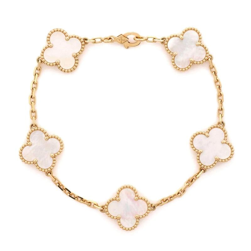 Van Cleef & Arpels Vintage Alhambra 5 Motifs Bracelet 18K Yellow Gold and Mother: Measurements: Circumference: 7.50 ", Width: 14.90 mm . Condition: Pre-owned - Good,Brand: Van Cleef & Arpels,Main Stone: Unknown,Metal: 18K Yellow Gold,Metal Purity: 18K,Style: Bracelet,Type: